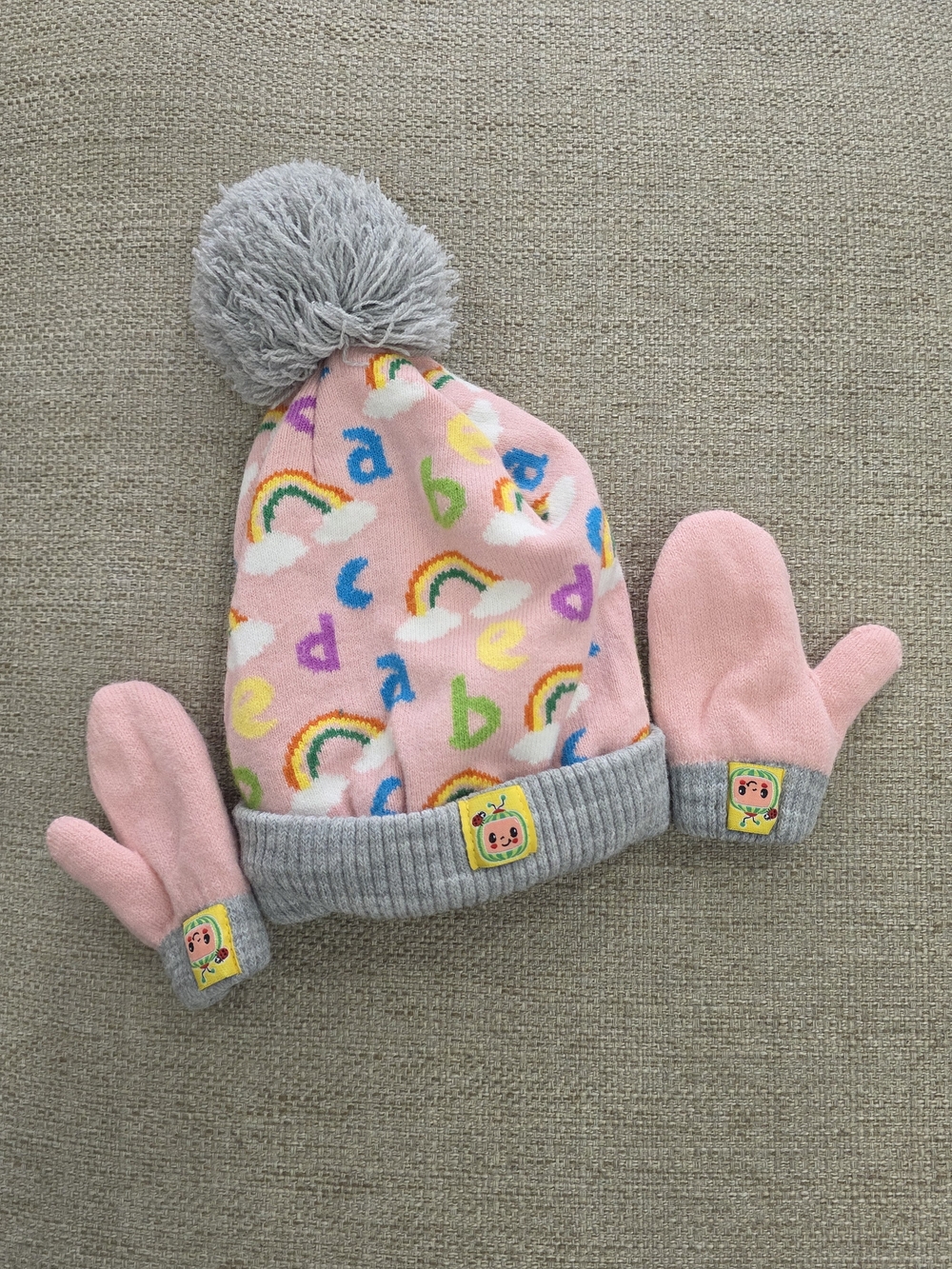 Kids Pink Rainbow ABC Pom-Pom Hat with Matching Mittens